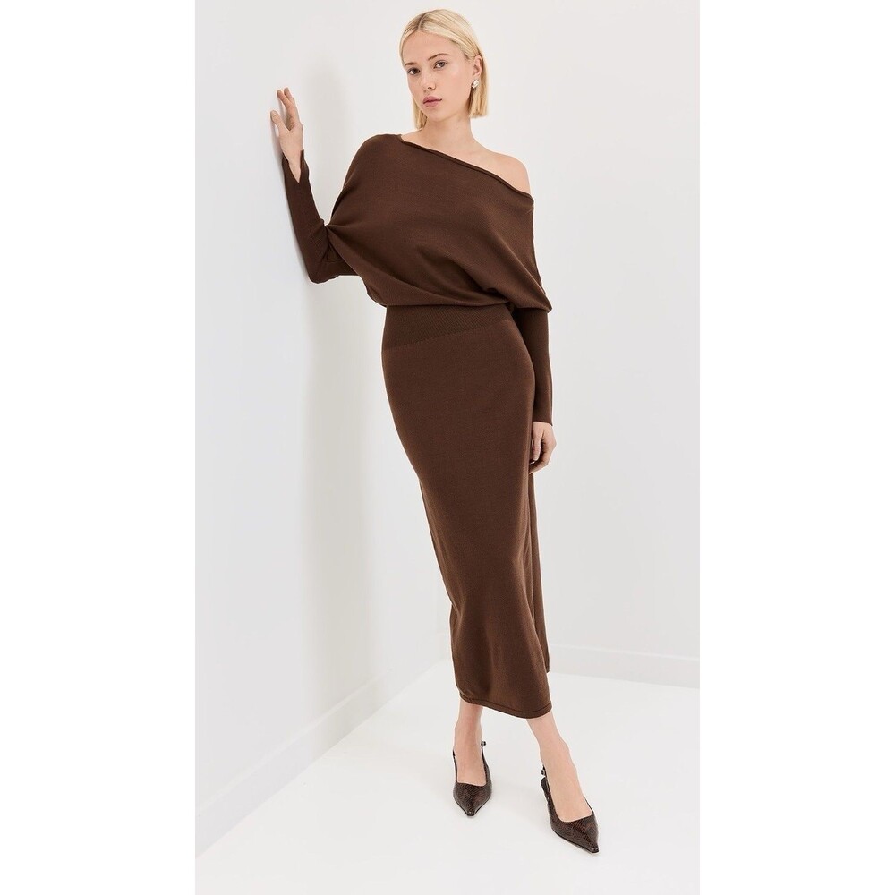 SIMKHAI Janese Off-Shoulder Draped Midi Dress - Chocolate Brown - Size L